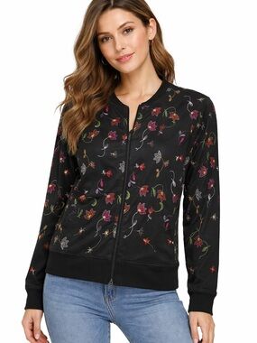 Chico’s Design Black Embroidered Floral Zip Jacket Size 2 (Large)